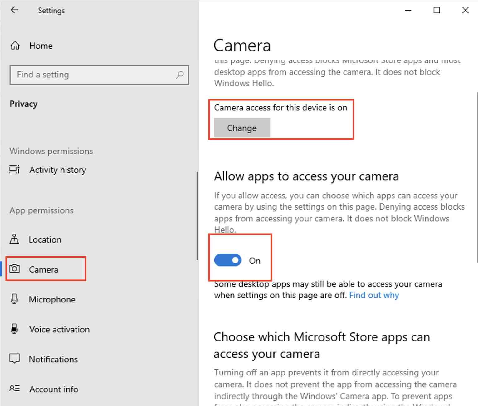 Allow apps to access your camera Windows
